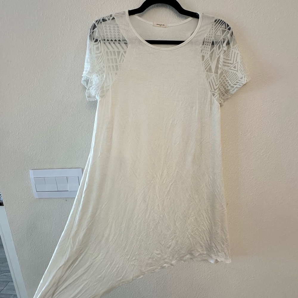 White Boutique Dress with Sheer Patterned Sleeves